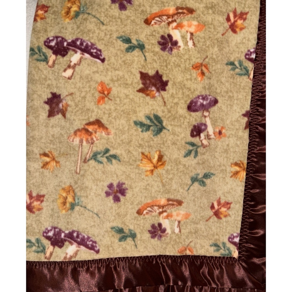 Throw Blanket Mushrooms Leaves Plush Satin Trim Velvety Soft Fall Cozy 60 X 60